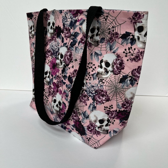 Handmade Floral Skull Tote Bag - Pink and Black - Picture 3 of 9